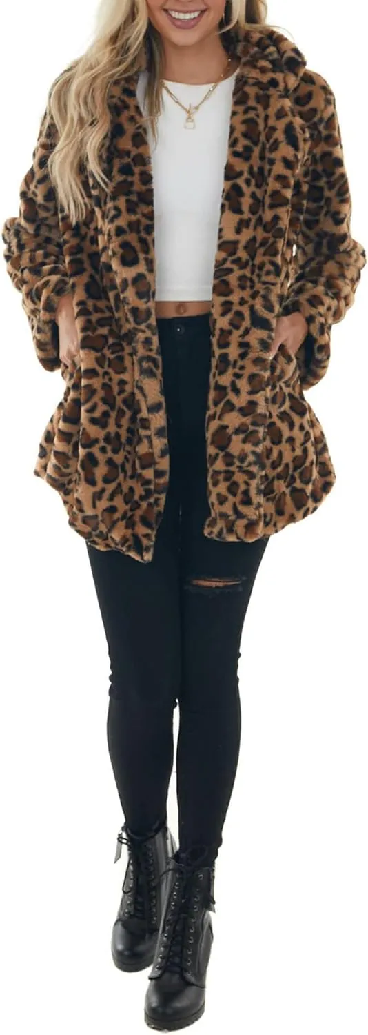 Sexyshine Women's Leopard Print Faux Fur Coat Winter Fall Lapel Collar Fuzzy Fleece Fur Jackets with Pockets