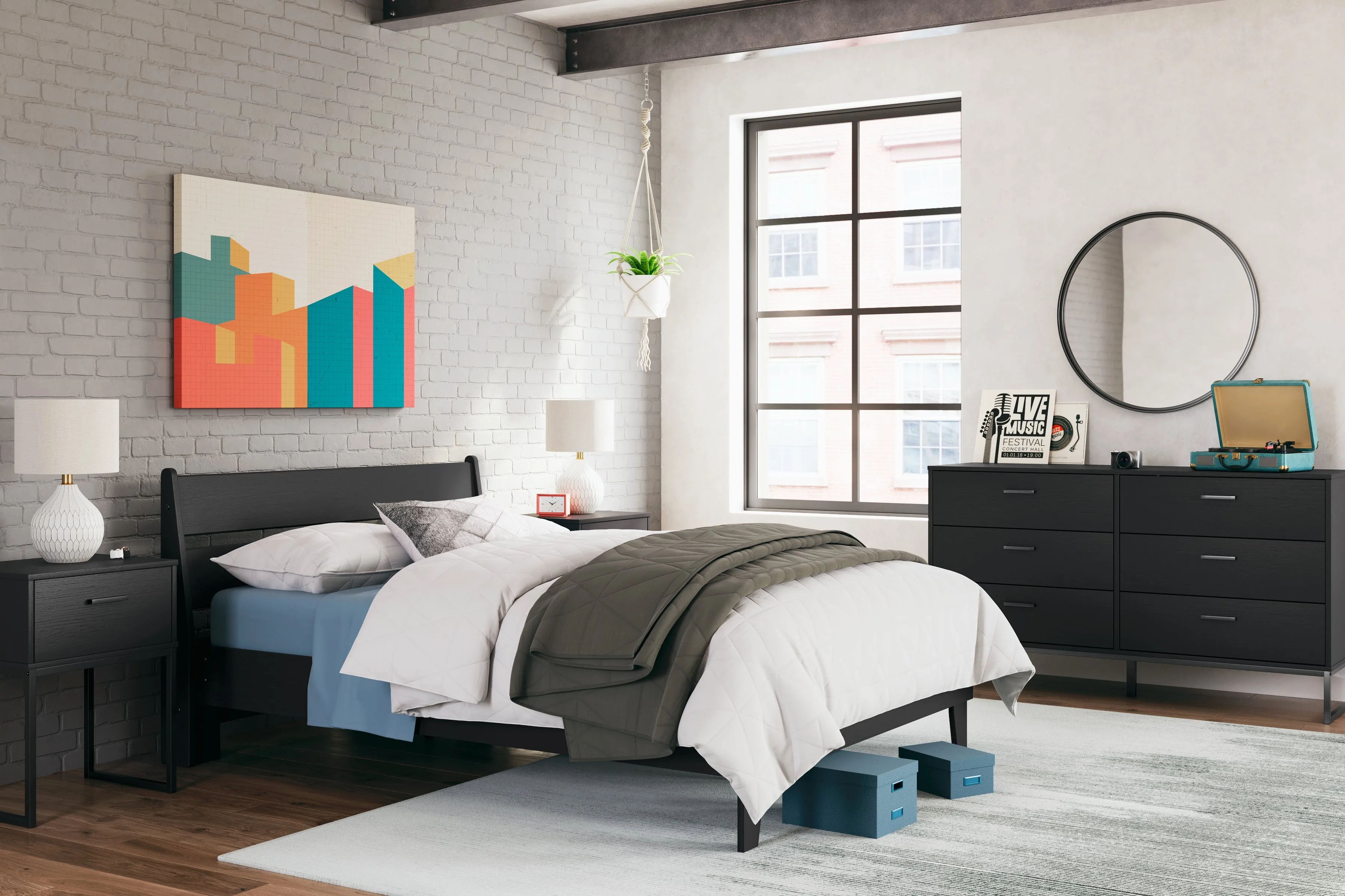 Socalle Full Panel Platform Bed with Dresser and 2 Nightstands in Black