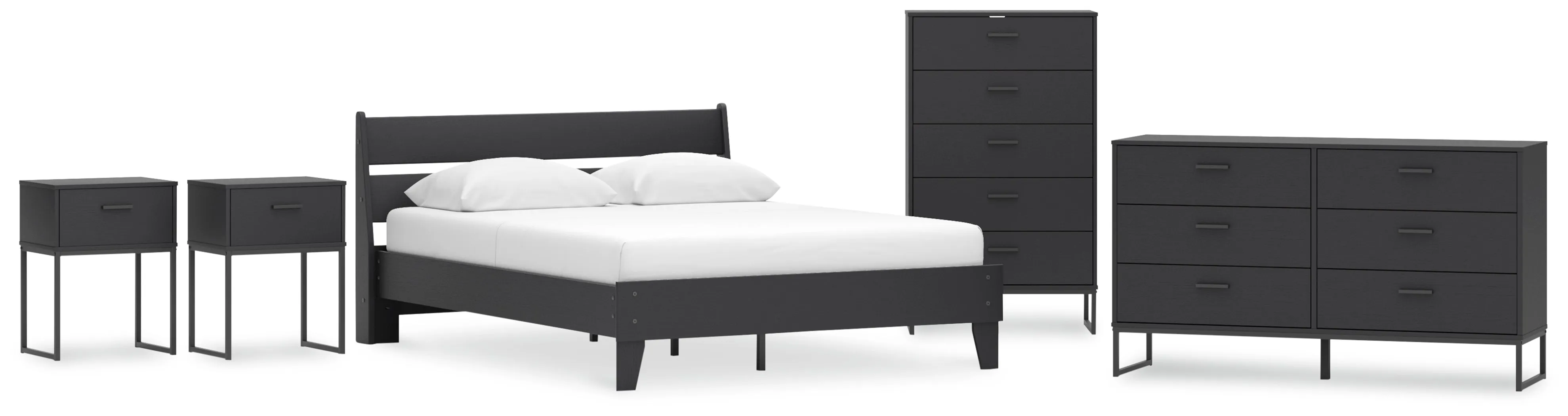 Socalle Queen Panel Platform Bed with Dresser, Chest and 2 Nightstands in Black