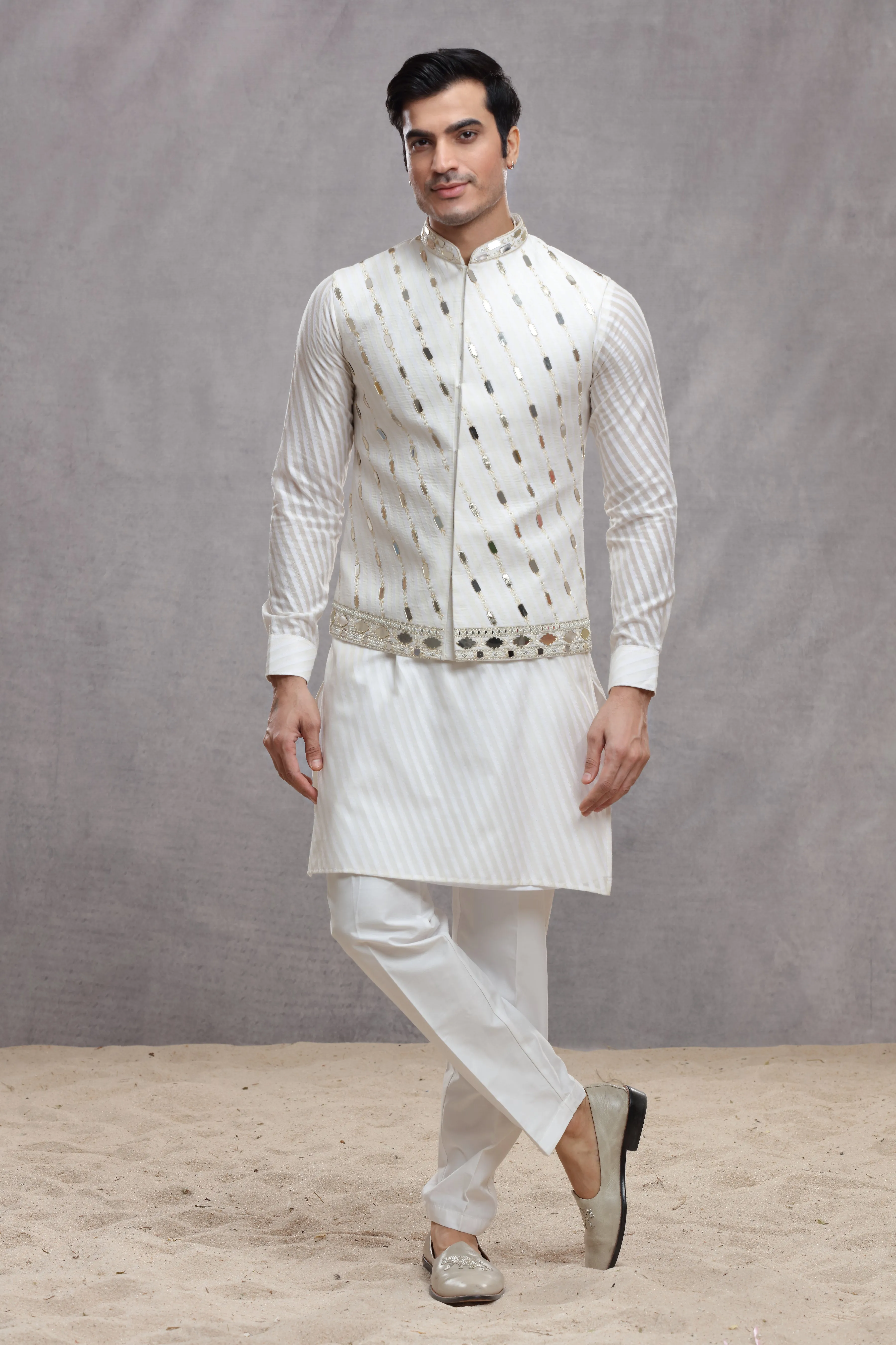 White Chanderi Silk Koti Kurta with Mirror Work