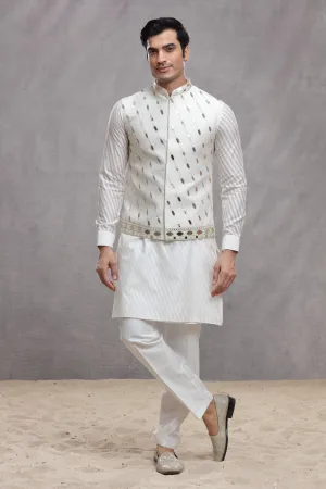 White Chanderi Silk Koti Kurta with Mirror Work