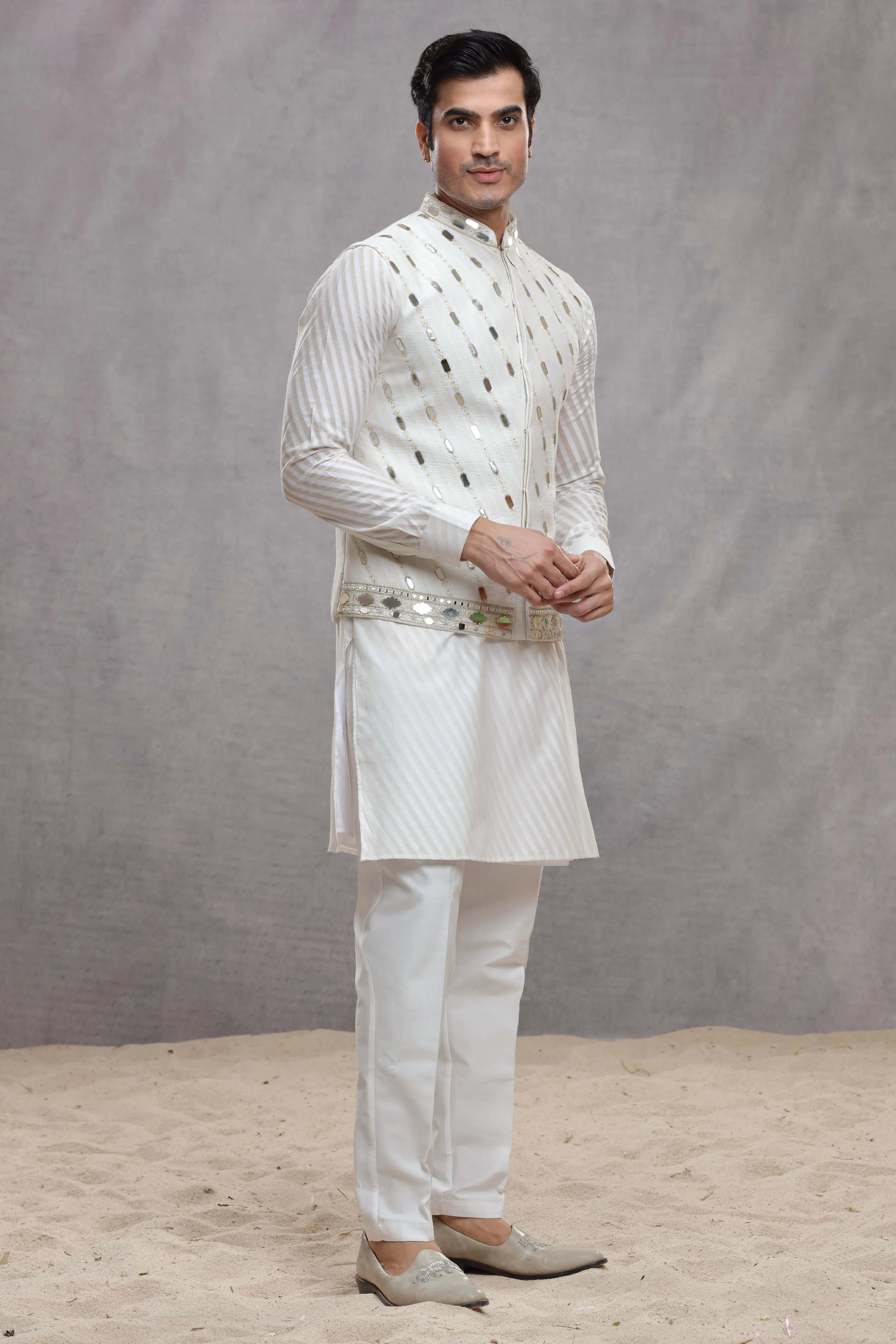 White Chanderi Silk Koti Kurta with Mirror Work