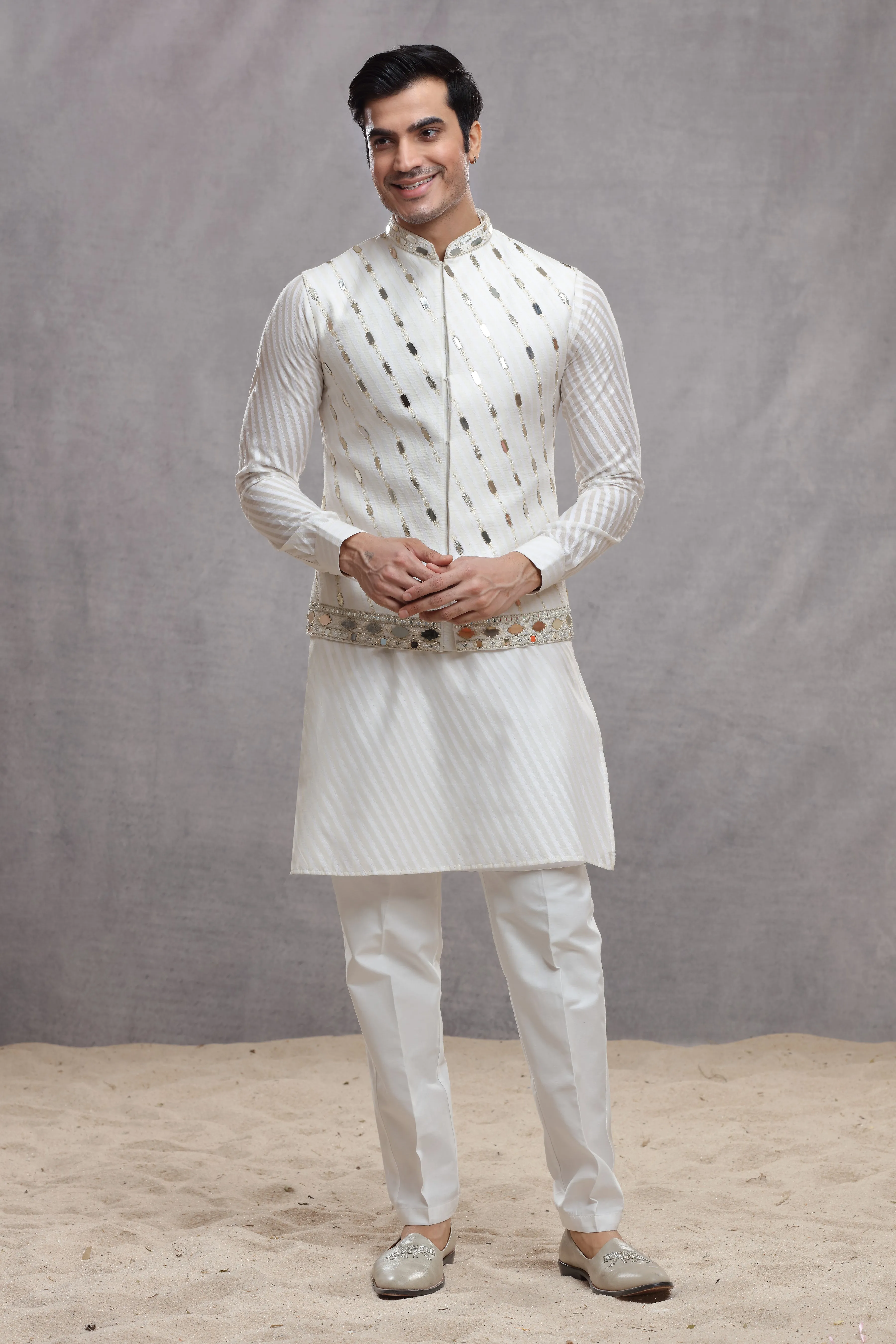White Chanderi Silk Koti Kurta with Mirror Work