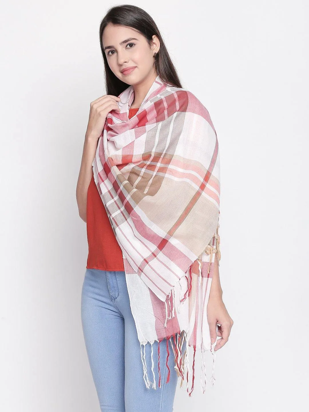 Women Beige & Red Checked Scarf