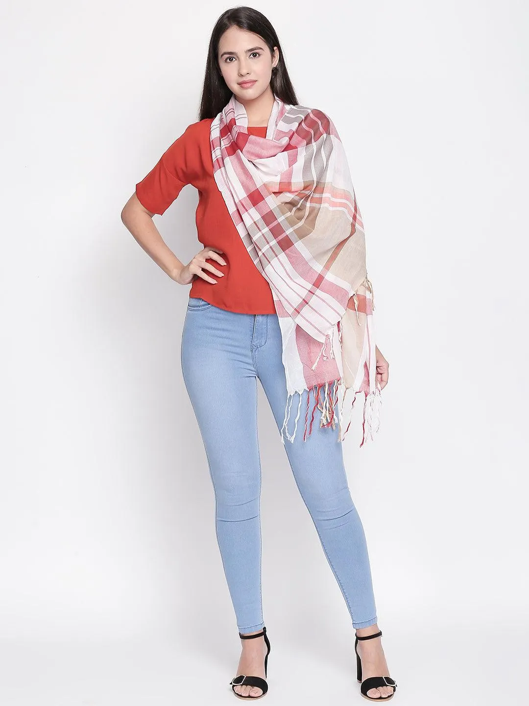 Women Beige & Red Checked Scarf