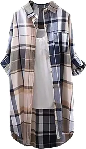 Womens Flannel Plaid Shirts 2024 Fall Long Sleeve Button Down Checked Casual Long Tail Shirt Jacket with Pockets