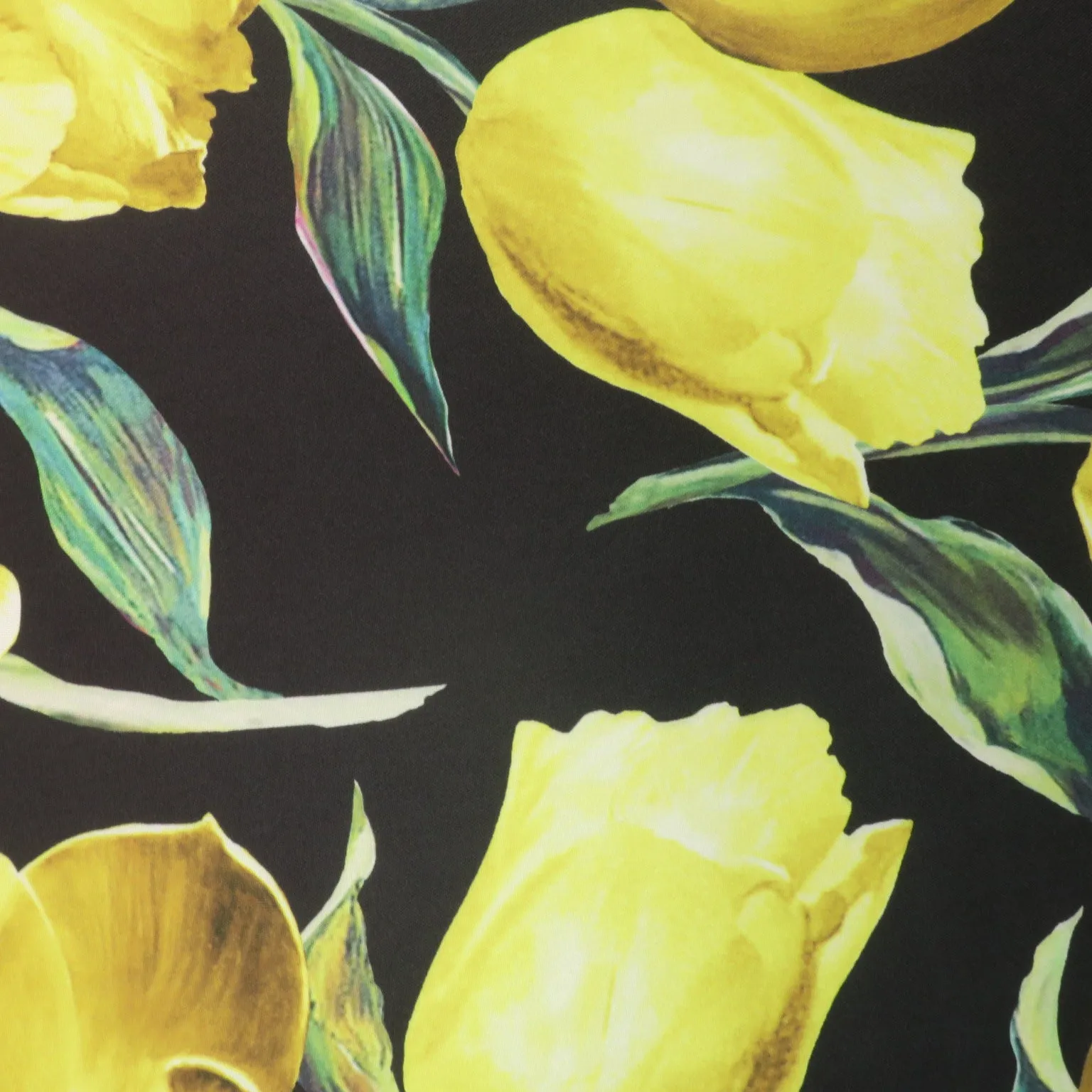 Yellow Floral on Black Background Printed Polyester Mikado Fabric