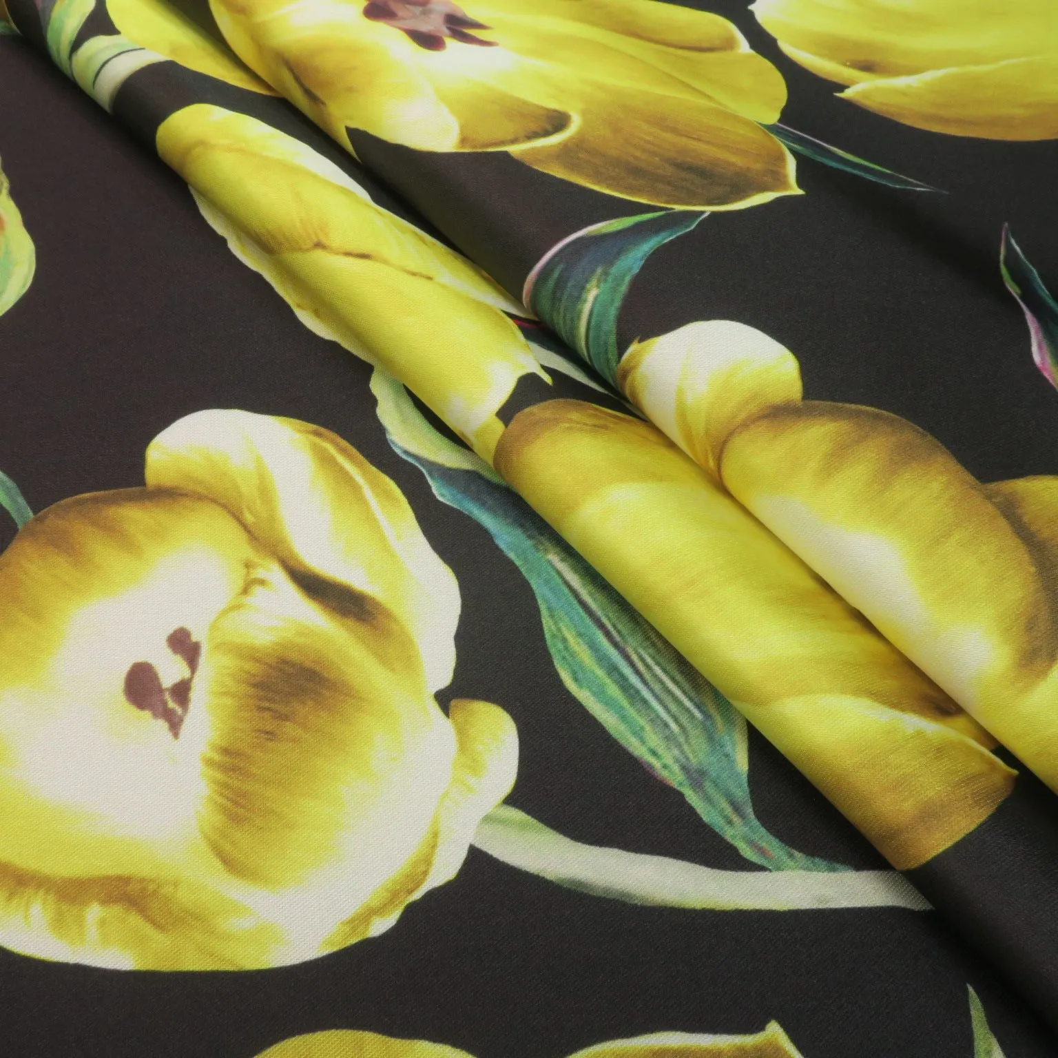 Yellow Floral on Black Background Printed Polyester Mikado Fabric