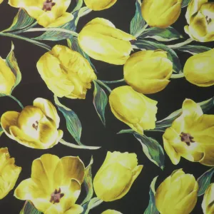 Yellow Floral on Black Background Printed Polyester Mikado Fabric