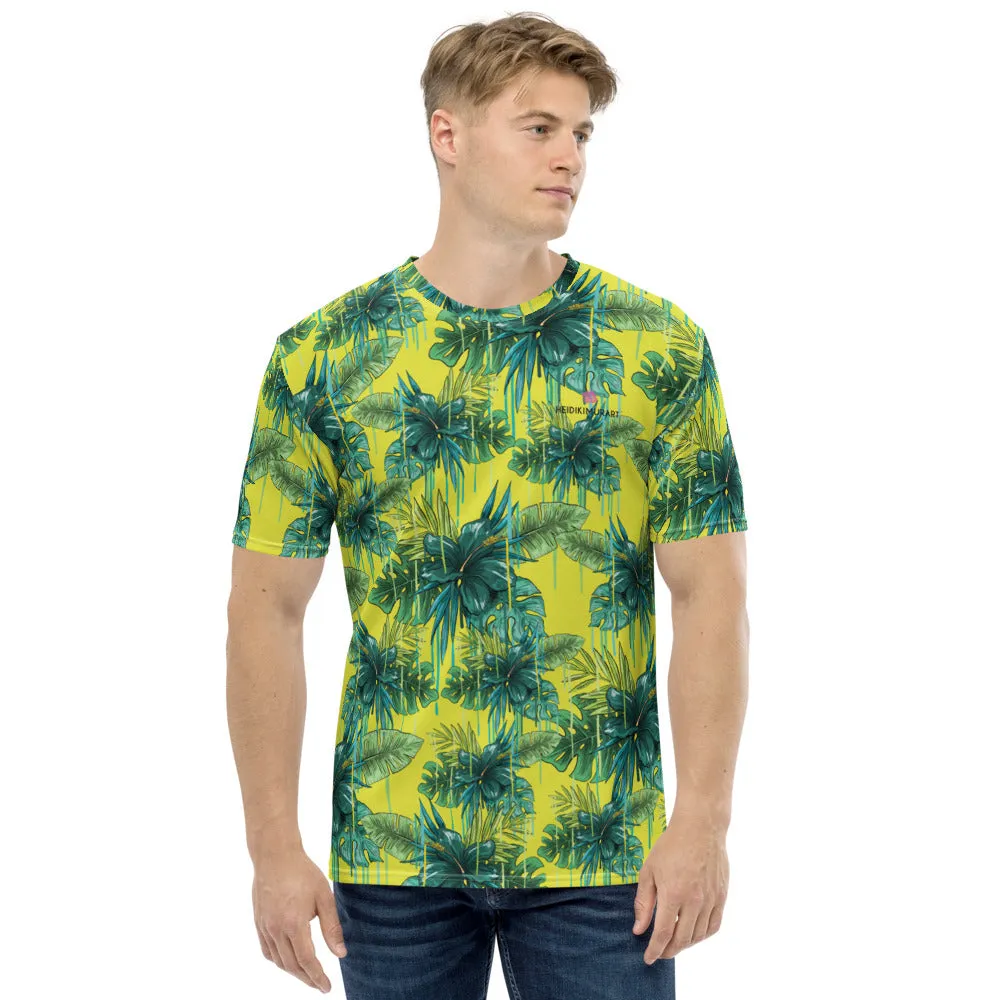 Yellow Hawaiian Style Shirt, Designer Tropical Leaf Print Premium Men's T-shirt-Made in USA/EU/MX
