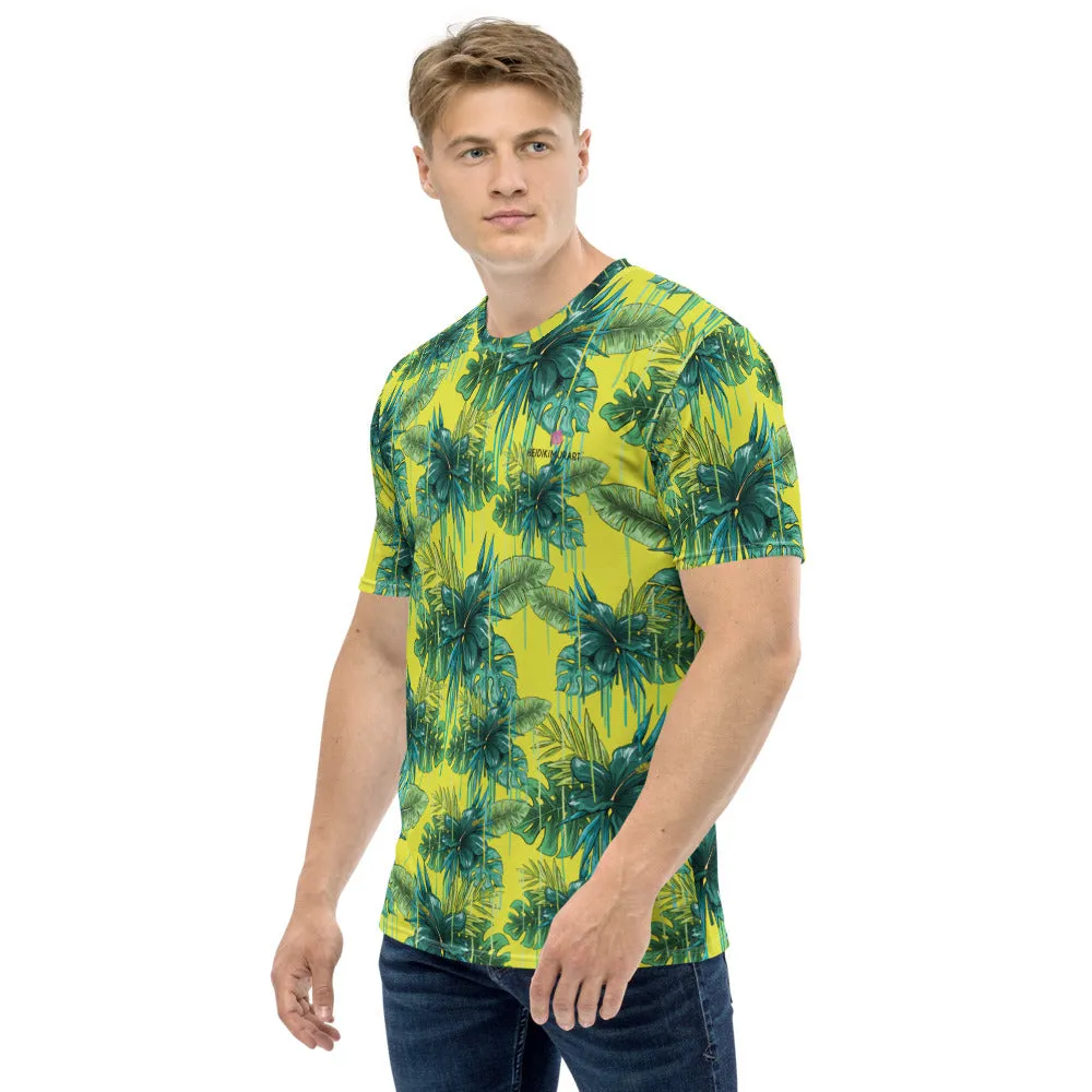 Yellow Hawaiian Style Shirt, Designer Tropical Leaf Print Premium Men's T-shirt-Made in USA/EU/MX