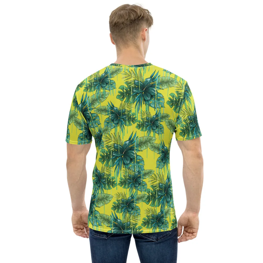 Yellow Hawaiian Style Shirt, Designer Tropical Leaf Print Premium Men's T-shirt-Made in USA/EU/MX