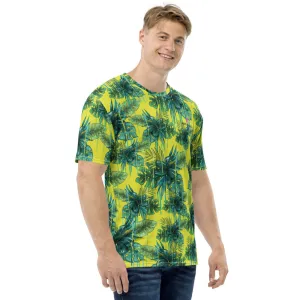 Yellow Hawaiian Style Shirt, Designer Tropical Leaf Print Premium Men's T-shirt-Made in USA/EU/MX